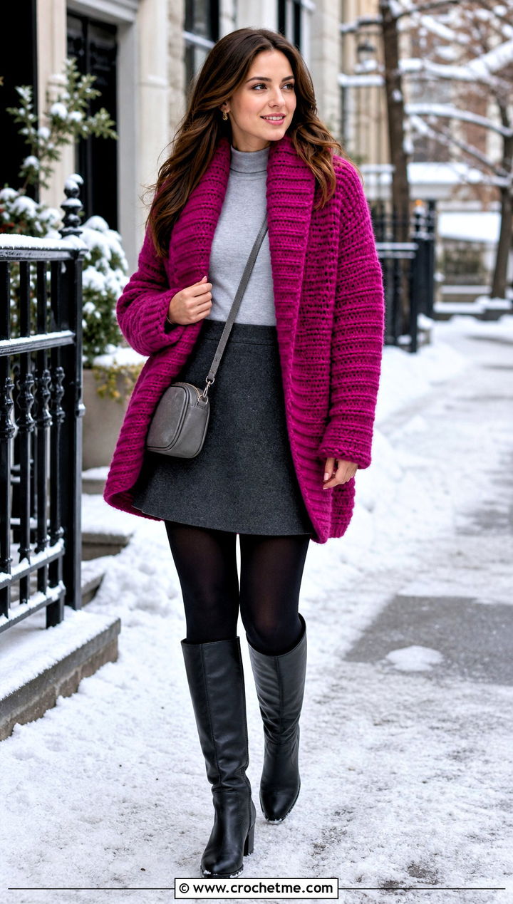Chunky Ribbed Shawl Crochet Cardigan With Mini Skirt - 25 Shawl Crochet Cardigan outfit ideas
