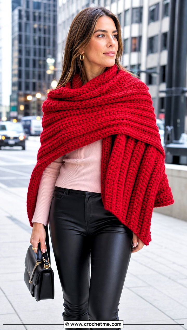 Chunky Ribbed Shawl With Faux Leather Pants - 25 Crochet Shawl In A Cake outfit ideas