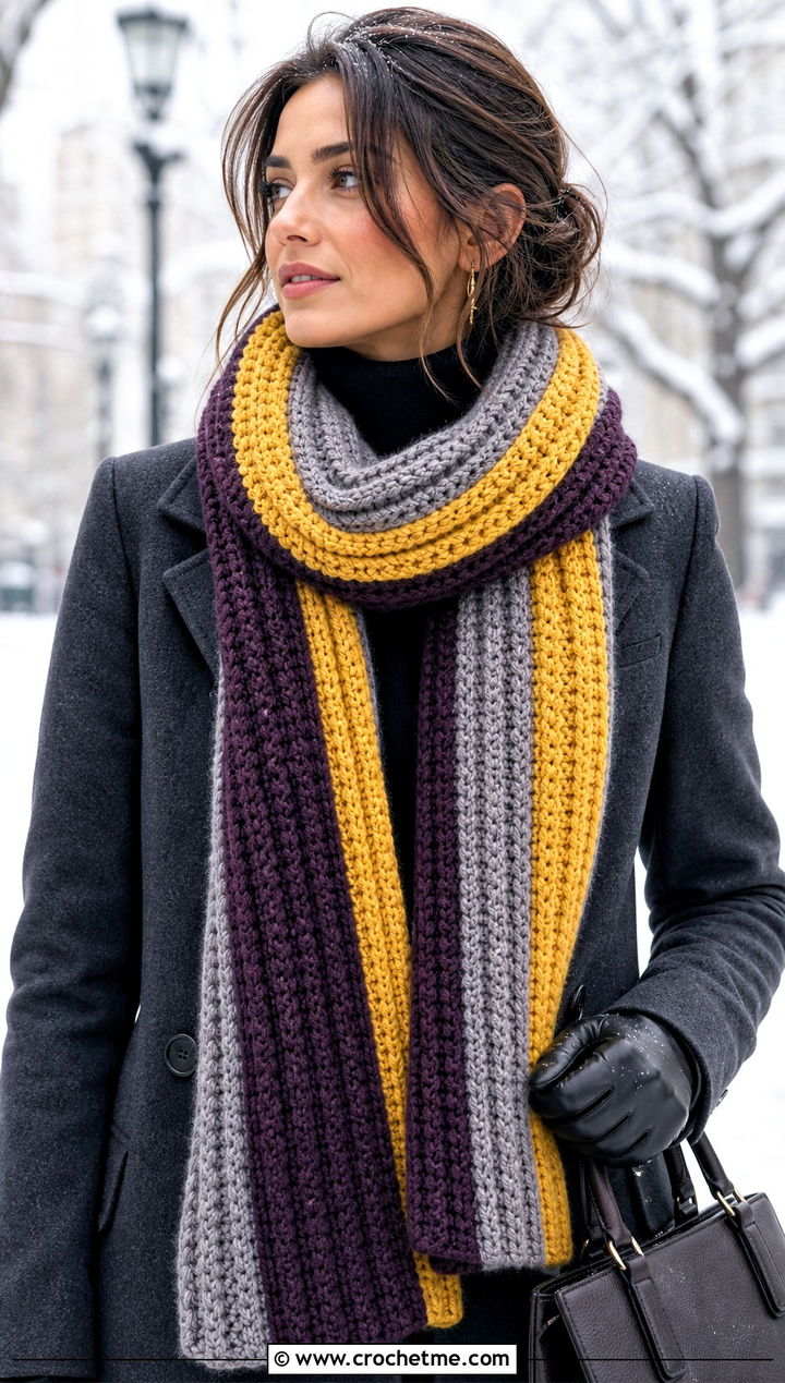 Chunky Ribbed Striped Crochet Scarf With Wool Coat - 30 striped crochet scarf outfit ideas