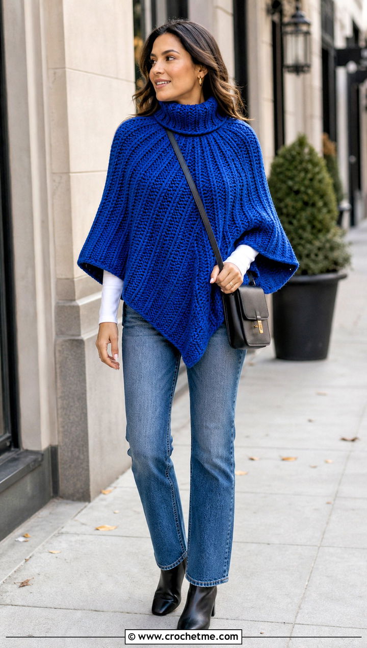 Chunky Ribbed Turtle Neck Crochet Poncho With Straight Leg Jeans - 25 Turtle Neck Crochet Poncho outfit ideas