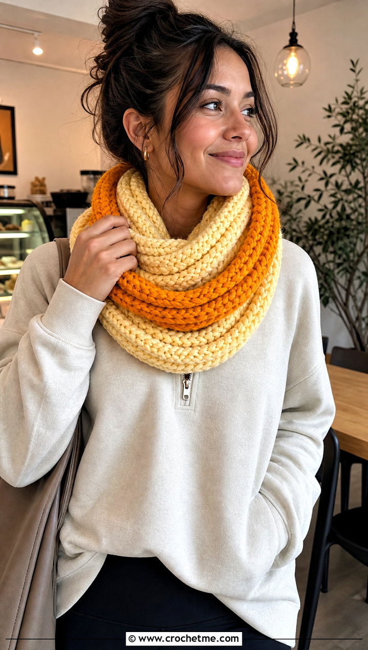 Chunky Ribbed Two Tone Infinity Scarf With Leggings - 25 two tone crochet scarf outfit ideas
