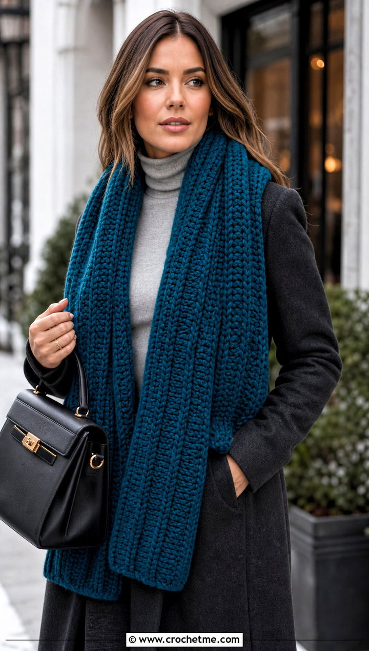 Chunky Ribbed Wide Scarf With Wool Coat And Trousers - 20 Crochet Wide Scarf outfit ideas