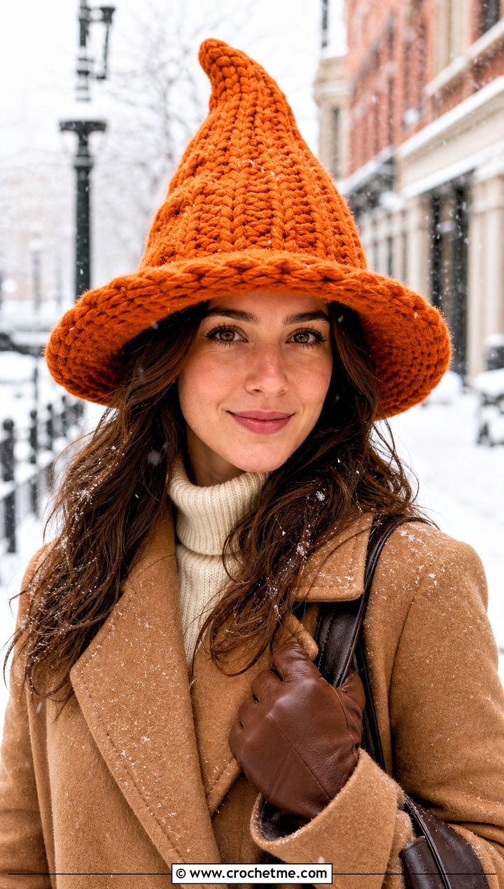 Chunky Ribbed Witchs Crochet Hat With Wool Coat - 15 Witch's Crochet Hat outfit ideas