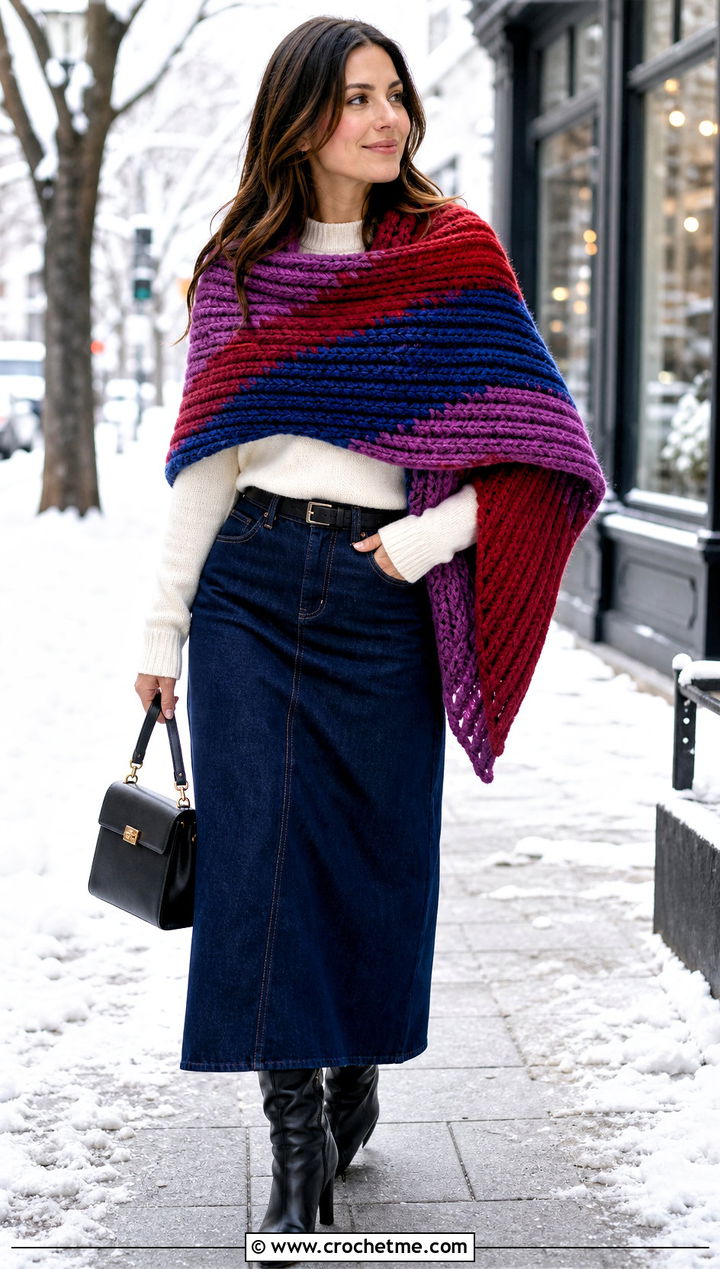 Chunky Ribbed Wrap With Sweater And Maxi Skirt - 15 Colorful Striped Crochet Wrap outfit ideas