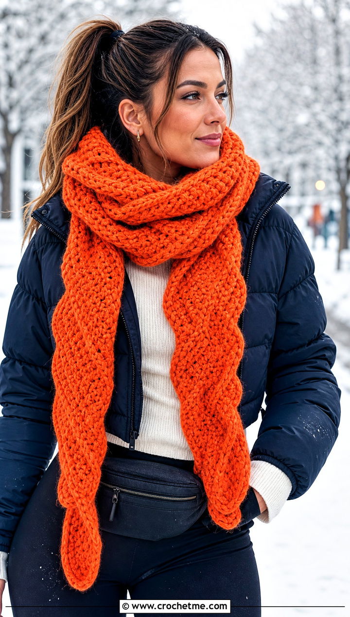 Chunky Ripple Crochet Scarf With Puffer Jacket and Leggings - 25 wavy crochet scarf outfit ideas