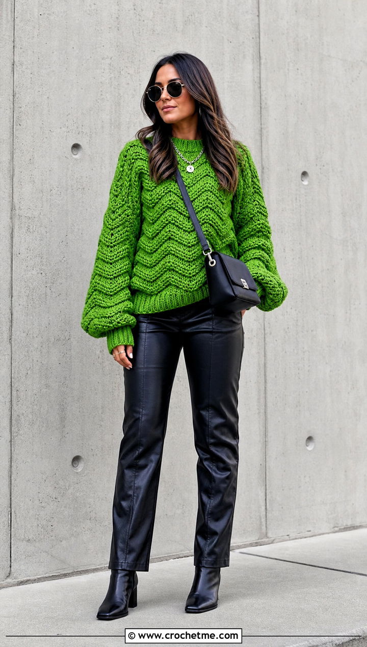 Chunky Ripple Crochet Sweater With Leather Pants - 20 Ripple Crochet Sweater outfit ideas