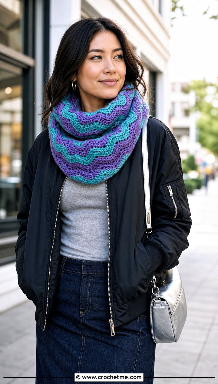 Chunky Ripple Stitch Infinity Scarf With Bomber Jacket - 20 Chunky Crochet Infinity Scarf outfit ideas