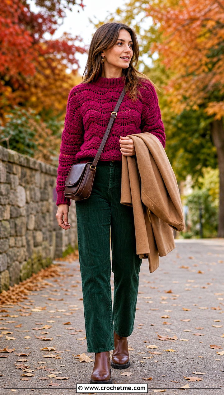 Chunky Ripple Sweater With Corduroy Pants - 30 crochet ripple sweater outfit ideas