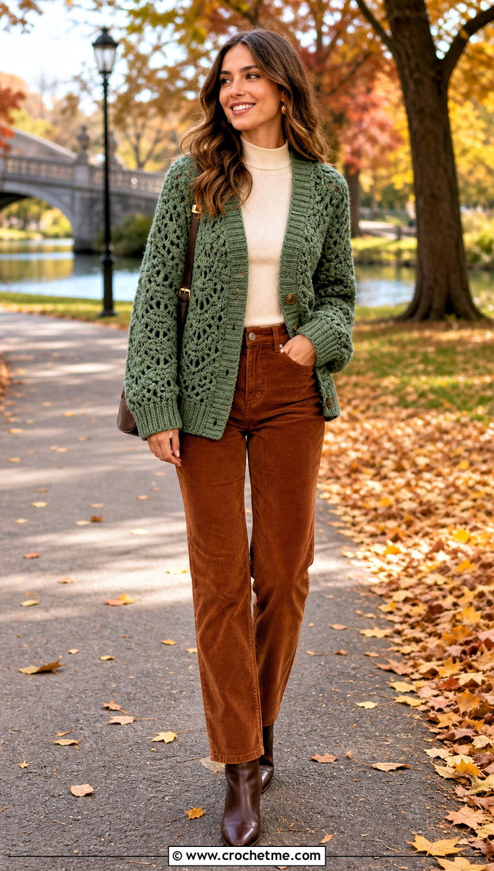 Chunky Riverbed Crochet Cardigan With Corduroy Pants - 25 riverbed crochet cardigan outfit ideas