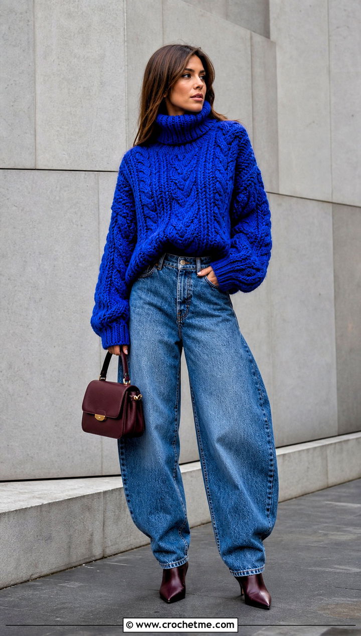 Chunky Roll Neck Irish Sweater With Barrel Jeans - 25 Crochet Irish Sweater outfit ideas