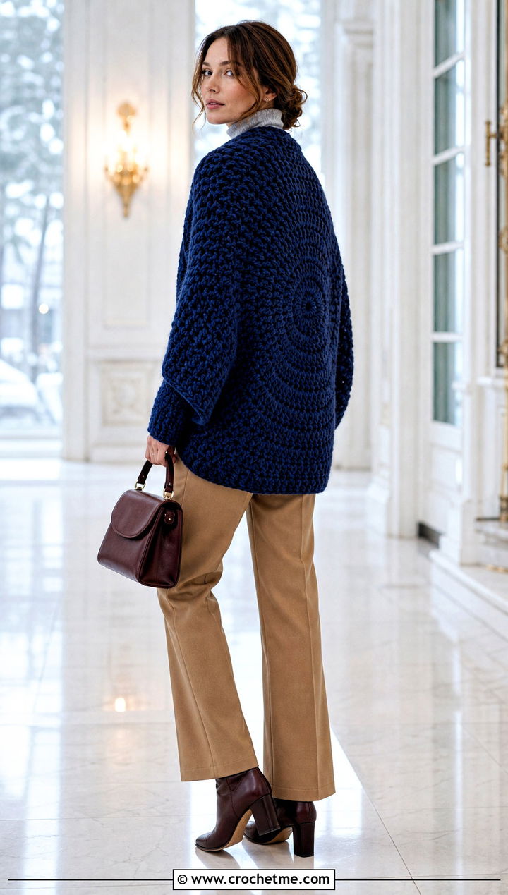 Chunky Round Crochet Cardigan With Straight Trousers - 35 round crochet cardigan outfit ideas