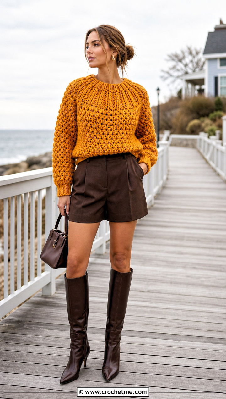 Chunky Round Yoke Crochet Sweater With Tailored Shorts - 20 Round Yoke Crochet Sweater outfit ideas