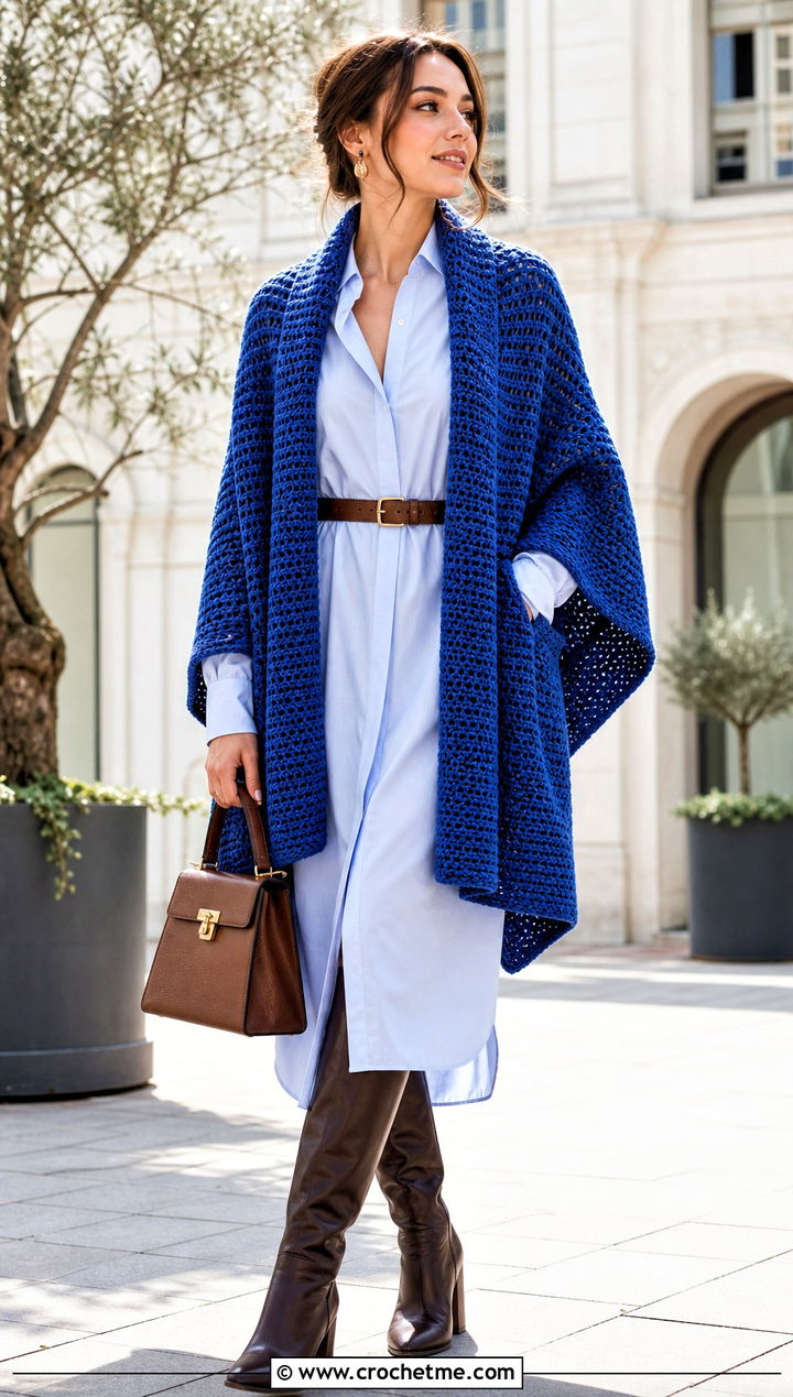Chunky Ruana Shawl With Belted Shirt Dress - 25 Crochet Chunky Shawl outfit ideas