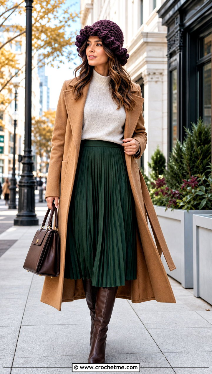 Chunky Ruffle Crochet Beanie With Sweater And Midi Skirt - 35 ruffled crochet hat outfit ideas