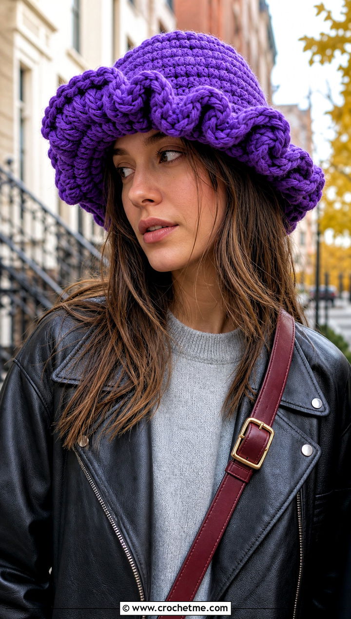 Chunky Ruffle Crochet Bucket Hat With Leather Jacket - 25 Crochet Bucket Hat With Ruffles outfit ideas
