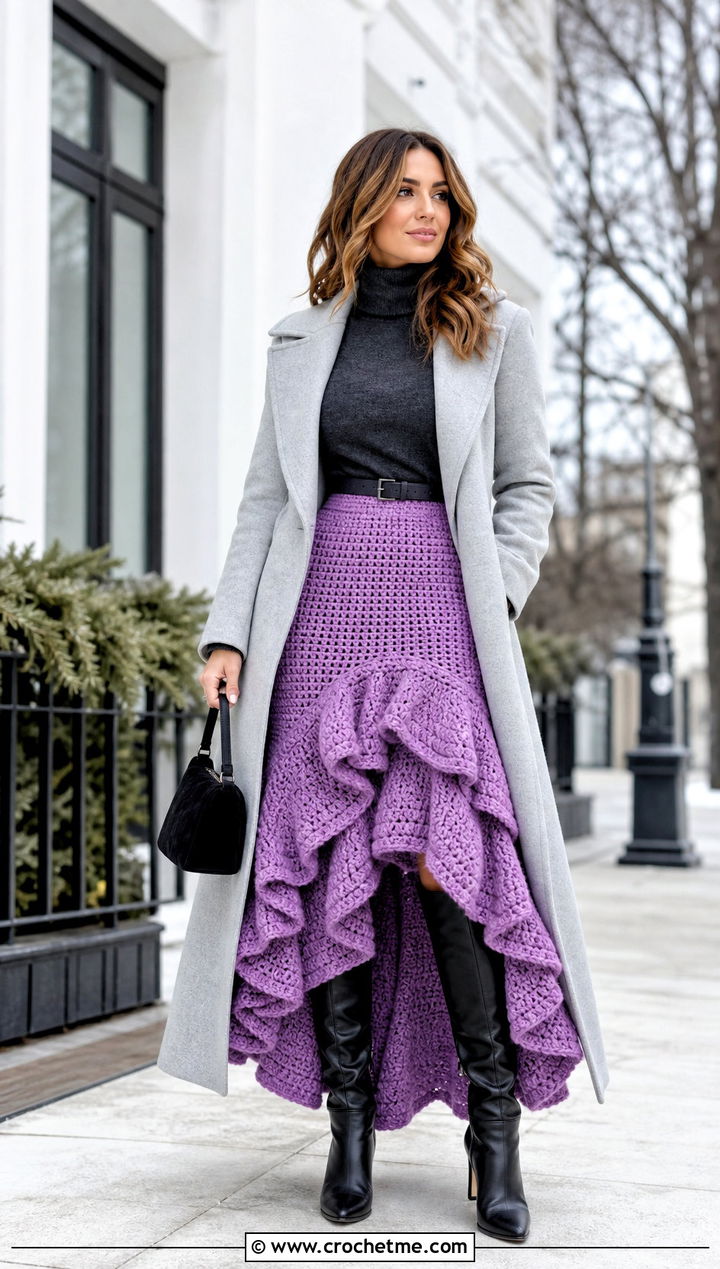 Chunky Ruffle Crochet Maxi Skirt With Turtleneck - 35 crochet skirt with ruffles outfit ideas