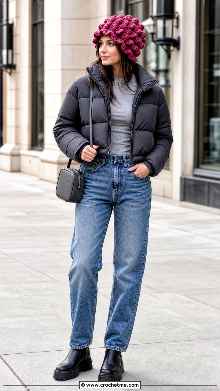 Chunky Ruffle Hat With Puffer Jacket And Jeans - 35 crochet ruffle hat outfit ideas