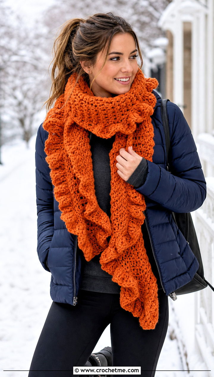 Chunky Ruffle Scarf With Puffer Jacket And Leggings - 30 crochet ruffle scarf outfit ideas