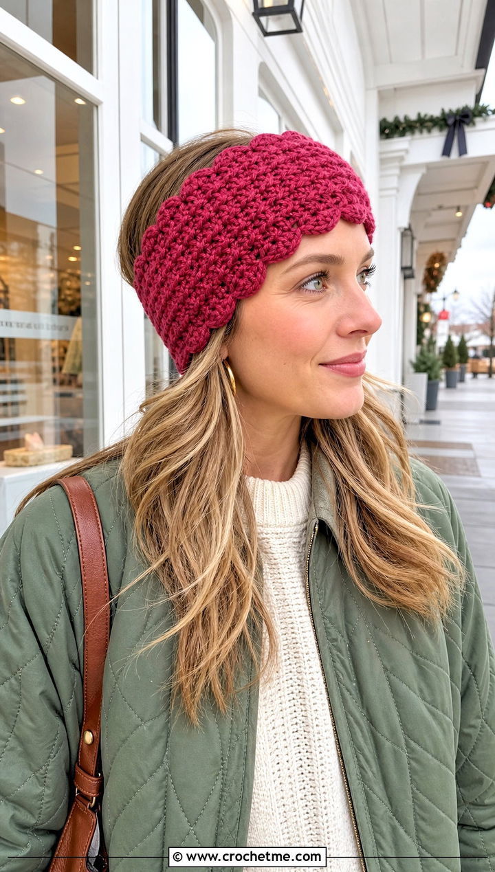 Chunky Scalloped Edge Crochet Ear Warmer With Quilted Coat - 30 chunky yarn crochet ear warmer outfit ideas