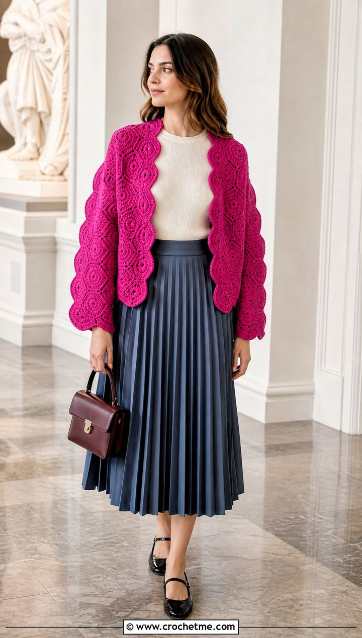 Chunky Scalloped Edge Hexagon Cardigan With Pleated Skirt - 30 chunky crochet hexagon cardigan outfit ideas