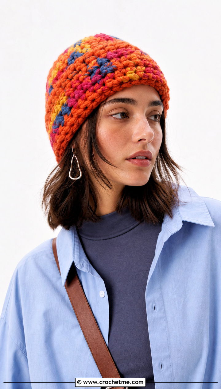 Chunky Scrap Yarn Crochet Beanie With Oversized Shirt - 30 scrap yarn crochet beanie outfit ideas