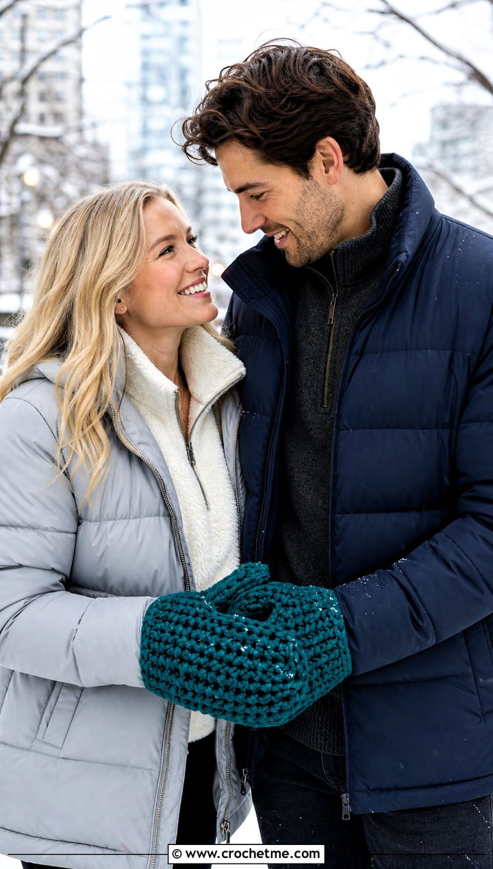 Chunky Shared Mittens With Puffer Jackets - 25 crochet couple mittens outfit ideas