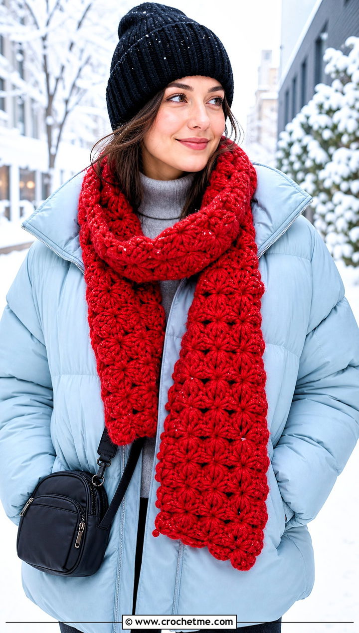 Chunky Shell Crochet Scarf With Puffer Coat - 20 Shell Crochet Scarf outfit ideas