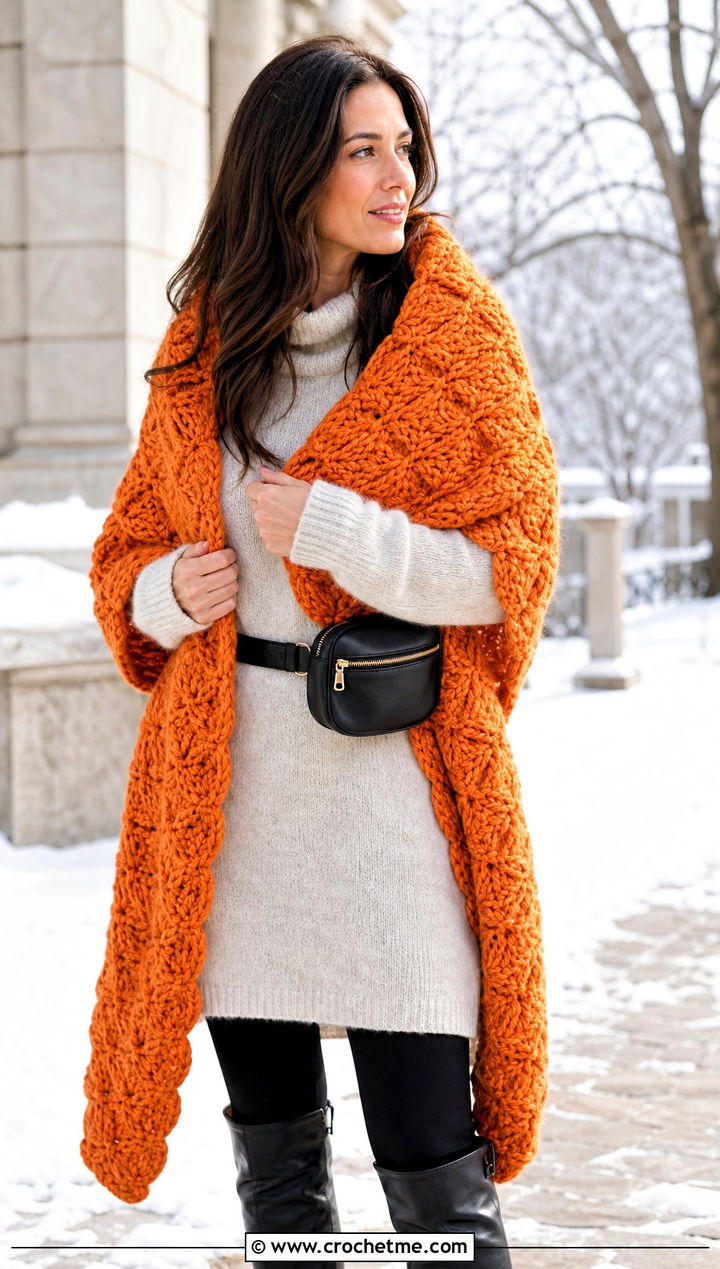 Chunky Shell Shawl With Leggings And Boots - 20 Crochet Shell Shawl outfit ideas