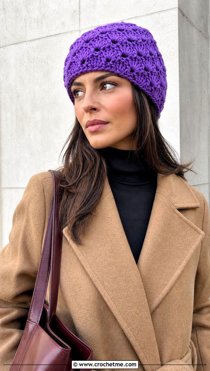 Chunky Shell Stitch Beanie With Wool Coat - 15 Crochet Shell Stitch Beanie outfit ideas