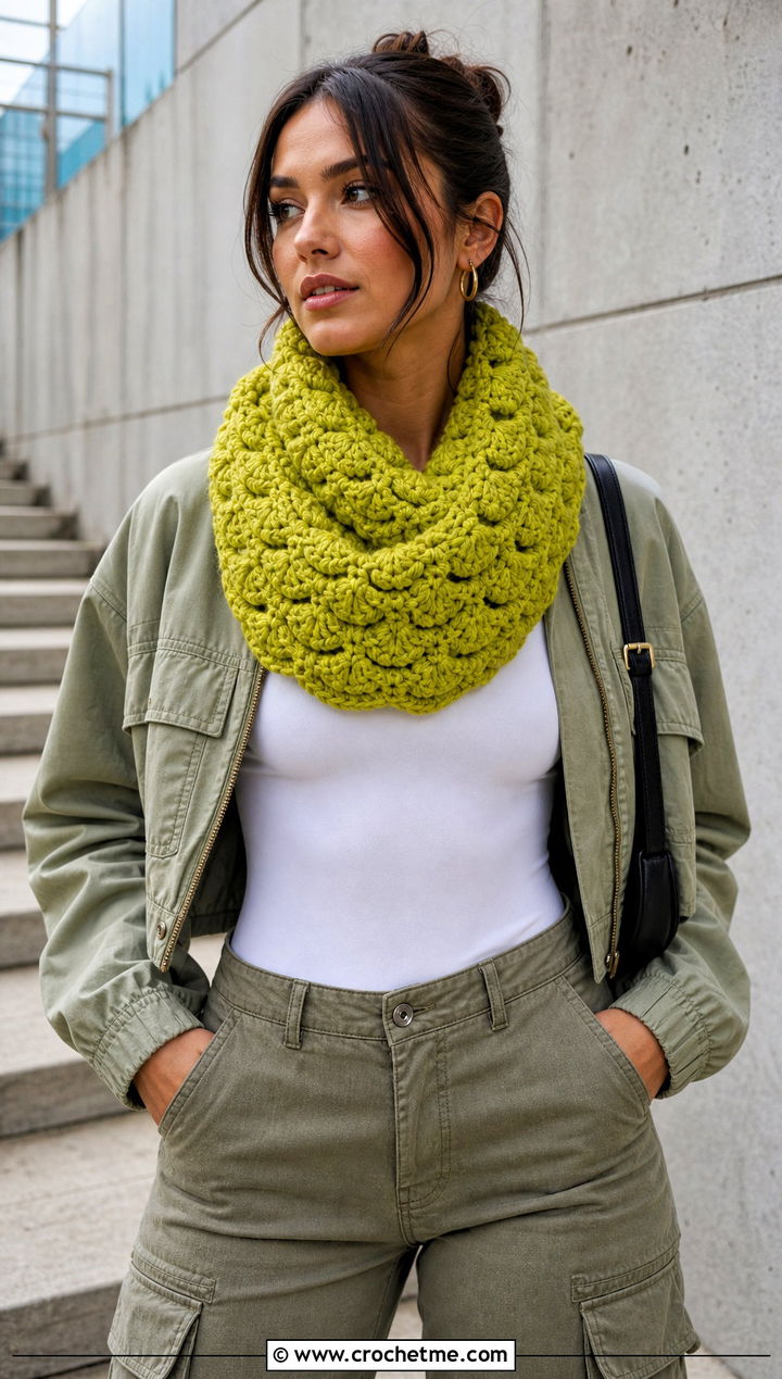 Chunky Shell Stitch Crochet Cowl With Cargo Pants - 30 chunky crochet cowl outfit ideas