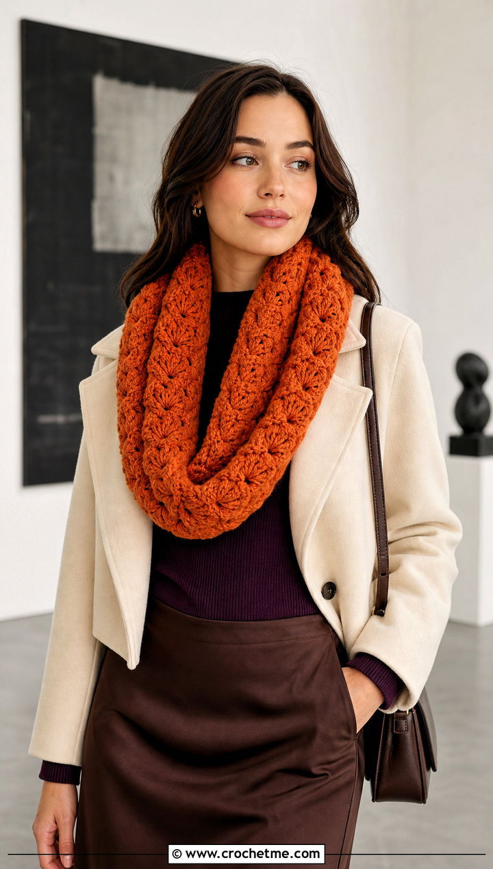Chunky Shell Stitch Infinity Scarf With Satin Skirt - 20 Chunky Crochet Infinity Scarf outfit ideas