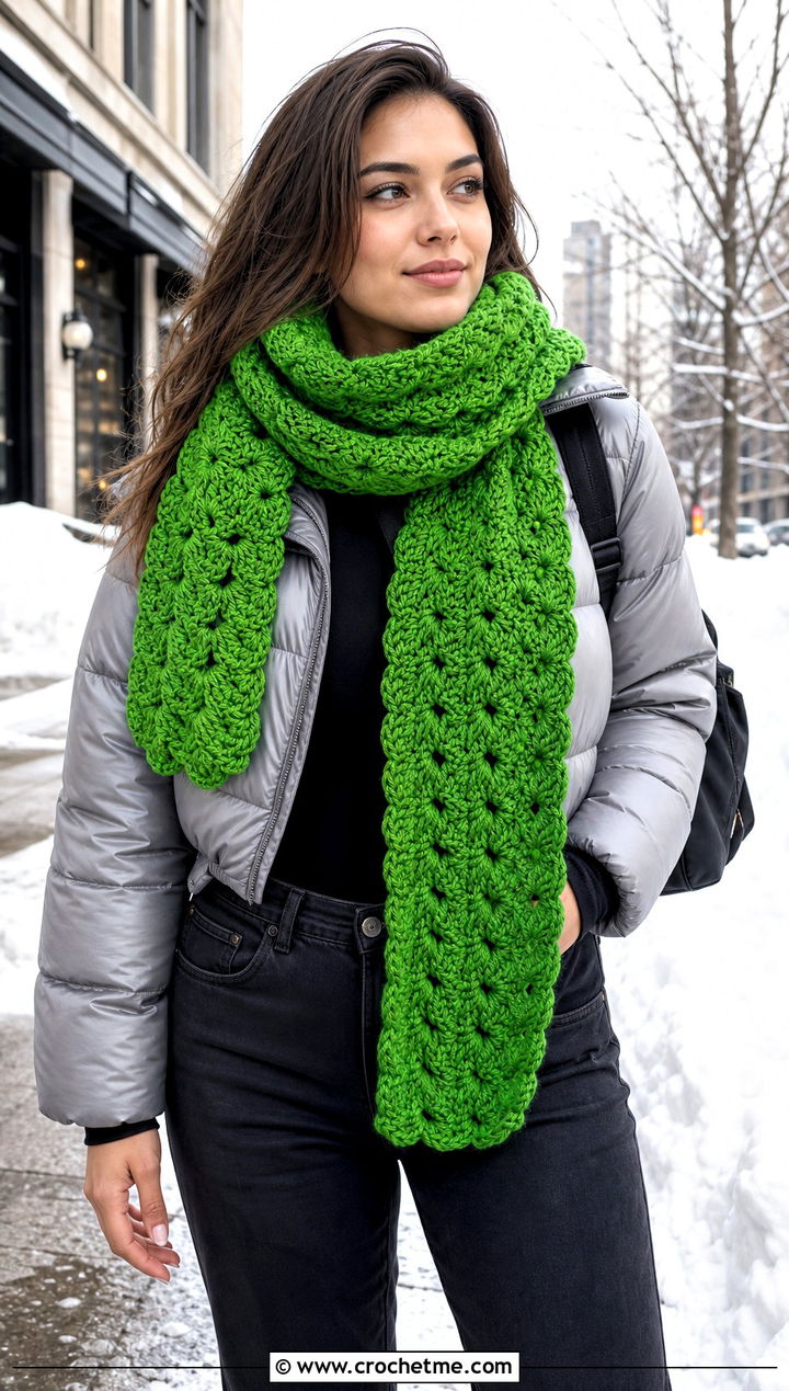 Chunky Shell Stitch Scarf With Puffer Jacket - 25 crochet shell scarf outfit ideas