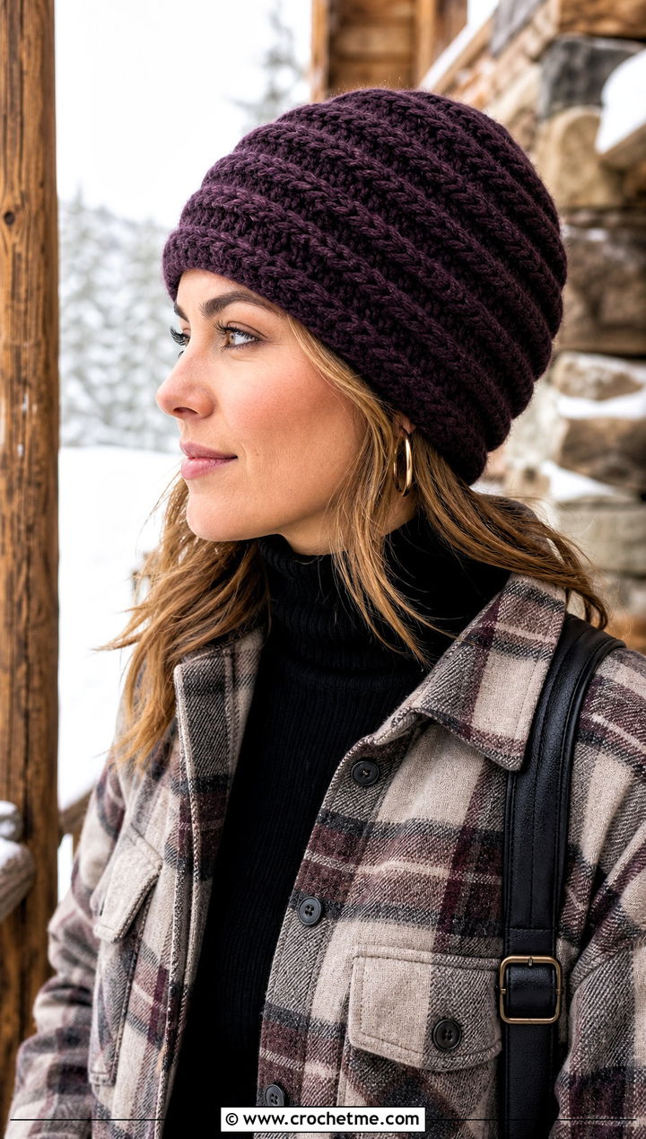 Chunky Short Row Crochet Beanie With Shacket - 25 Crochet Short Rows Hat outfit ideas