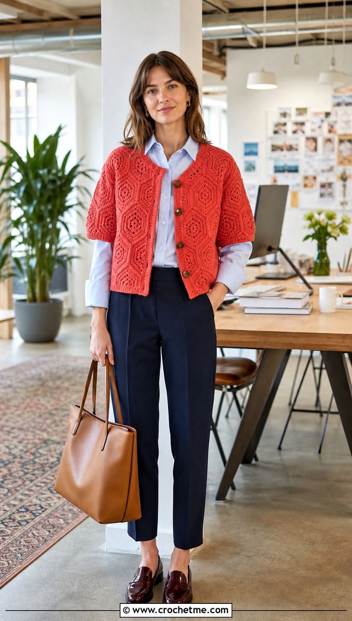 Chunky Short Sleeve Hexagon Cardigan With Poplin Shirt - 30 chunky crochet hexagon cardigan outfit ideas