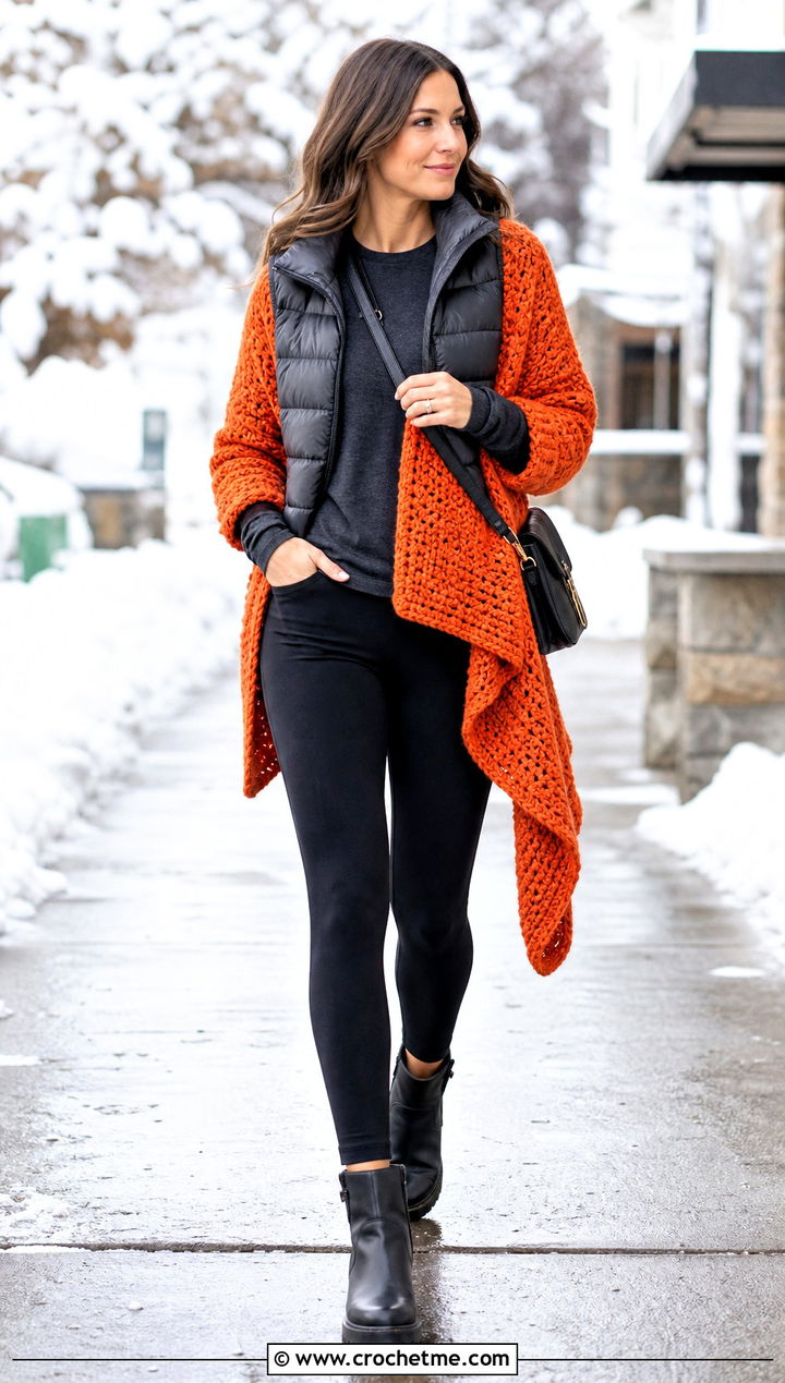 Chunky Side Drape Crochet Cardigan With Thermal Leggings - 30 crochet asymmetrical cardigan outfit ideas