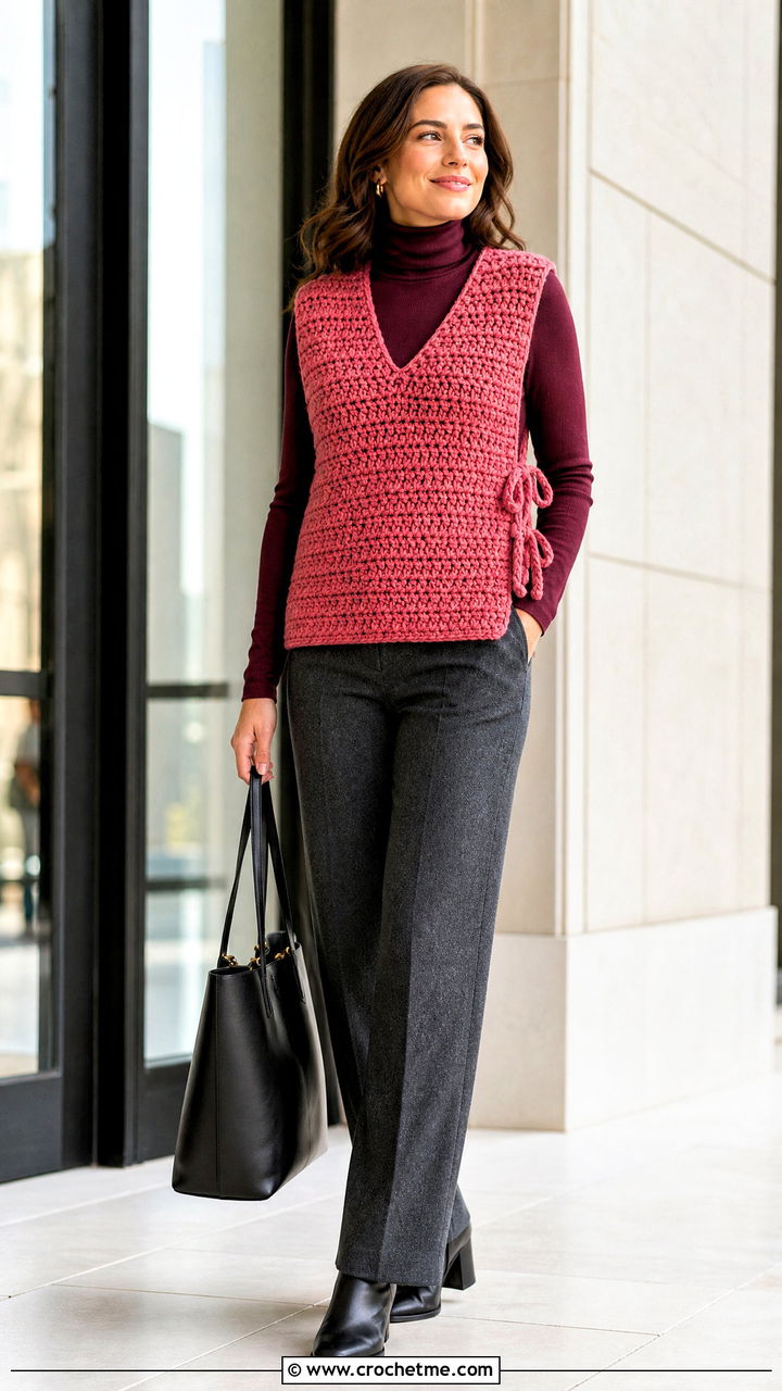 Chunky Side Tie Crochet Vest With Turtleneck And Wool Trousers - 35 crochet tie vest outfit ideas