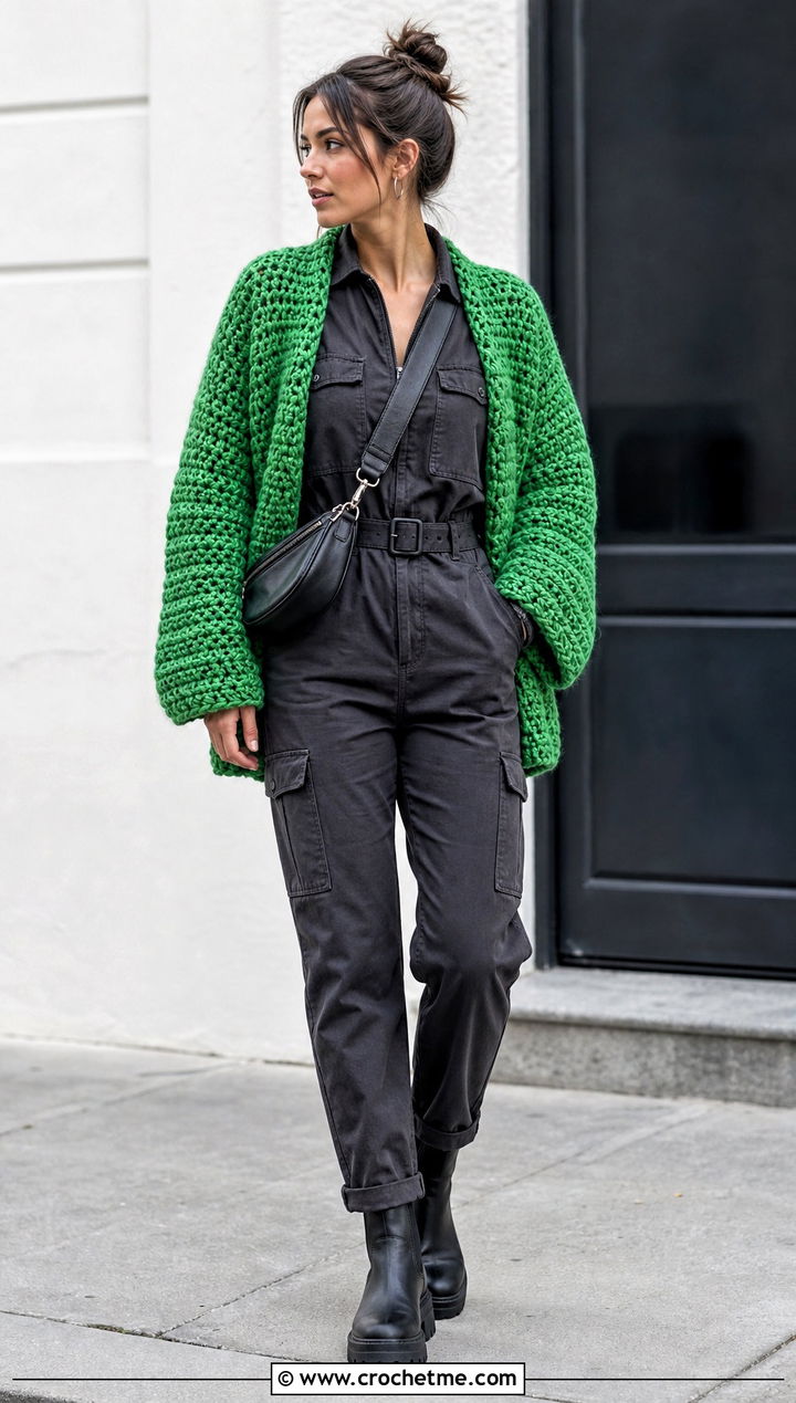 Chunky Side To Side Crochet Cardigan With Utility Jumpsuit - 25 Side To Side Crochet Cardigan outfit ideas