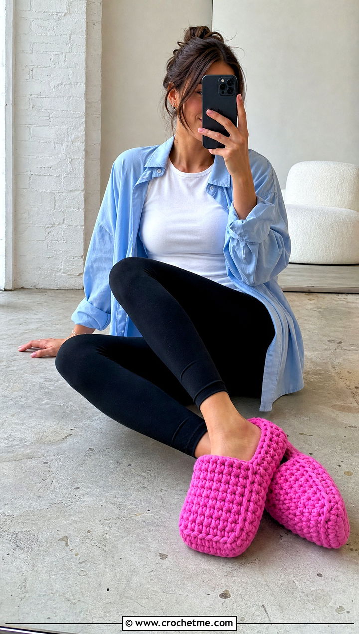 Chunky Single Crochet Rectangle Slippers With Leggings - 20 Easy Crochet Slippers From A Rectangle outfit ideas