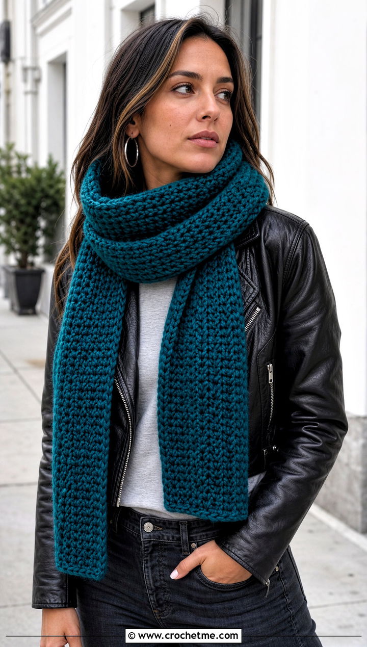 Chunky Single Crochet Scarf With Leather Jacket And Black Jeans - 25 Single Crochet Scarf outfit ideas