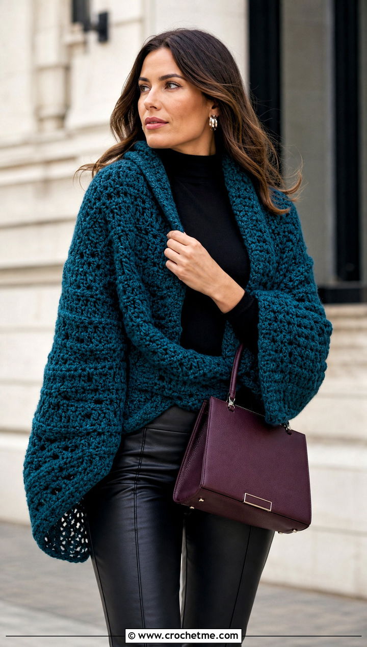 Chunky Sleeve Wrap Scarf With Leather Pants - 25 crochet double sleeve scarf outfit ideas