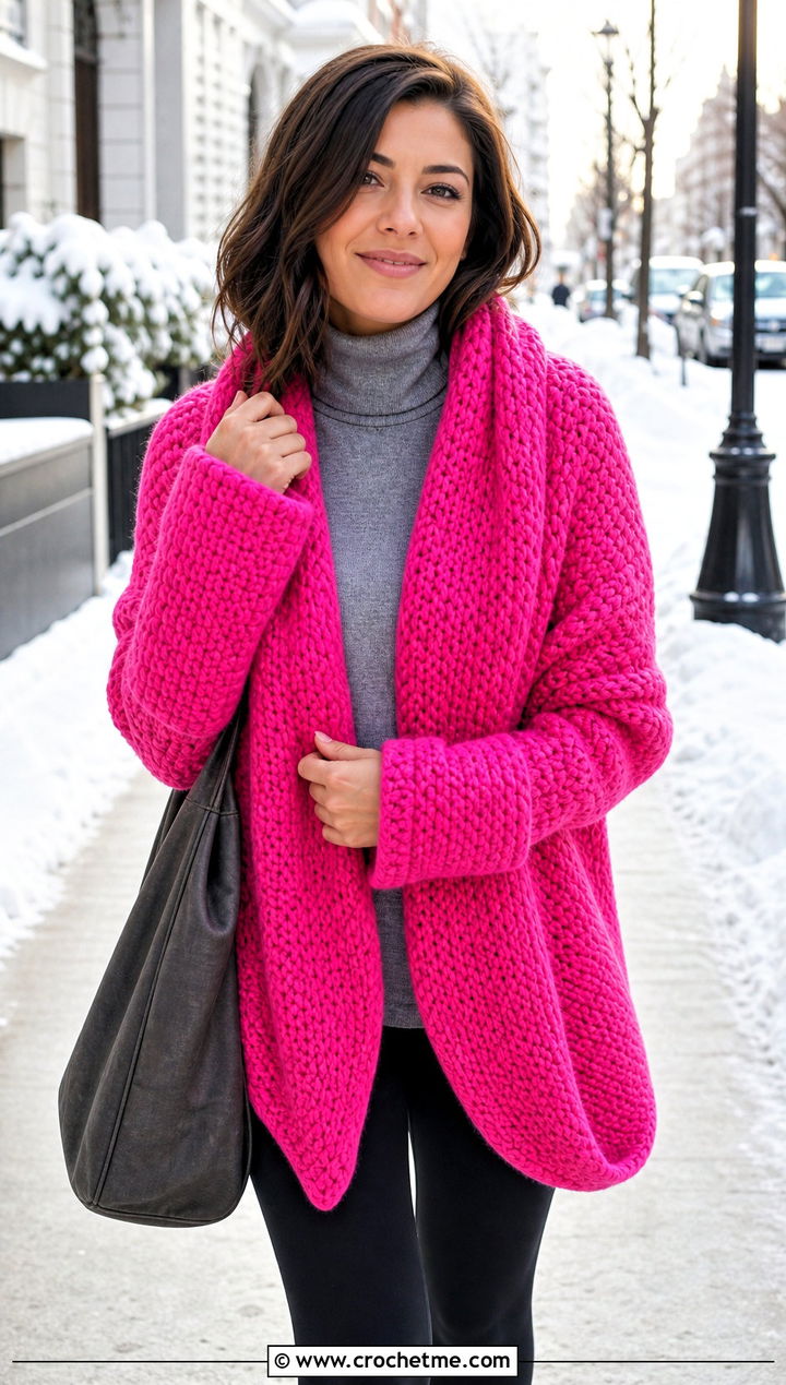 Chunky Sleeve Wrap Scarf With Leggings And Boots - 30 crochet sleeve scarf outfit ideas
