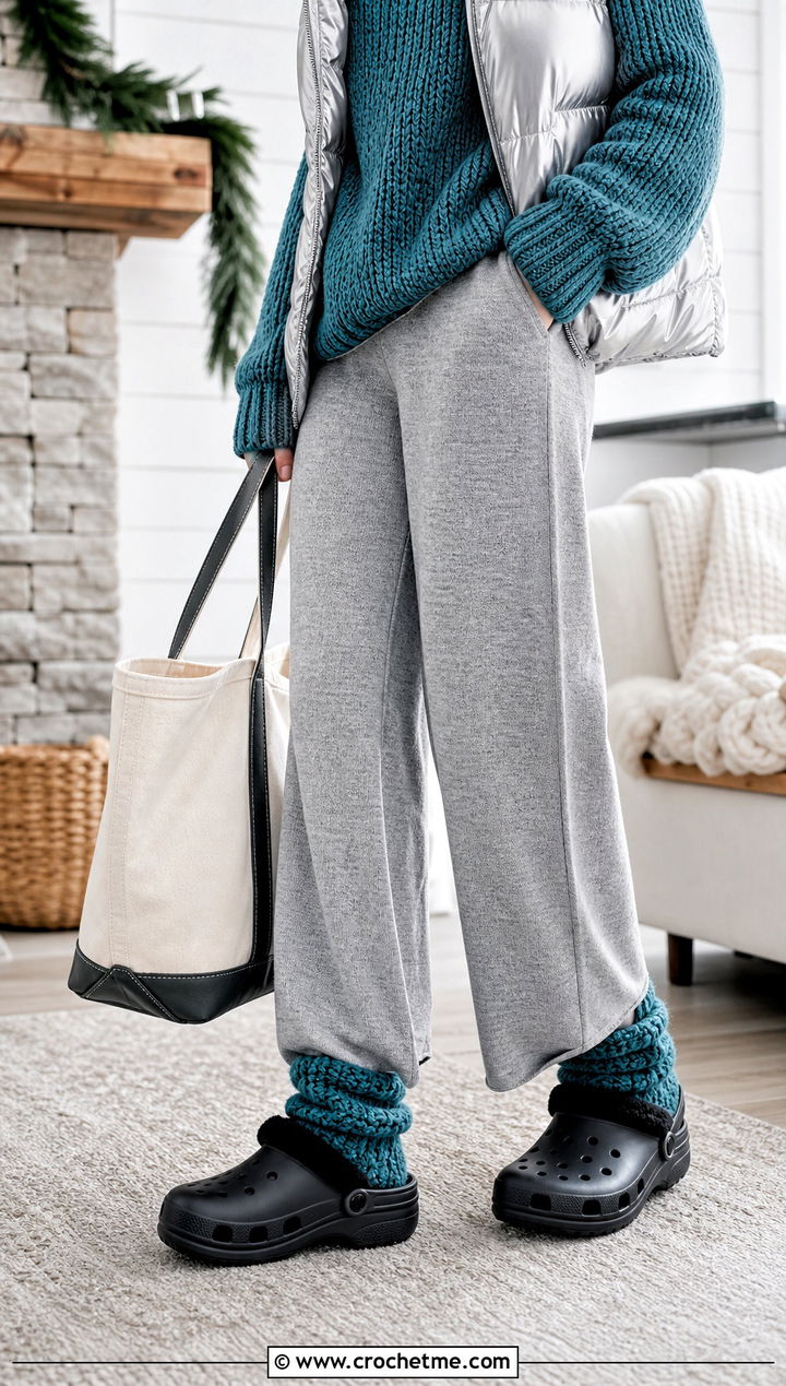Chunky Slipper Crochet Socks With Knit Lounge Set - 20 croc crochet socks outfit ideas