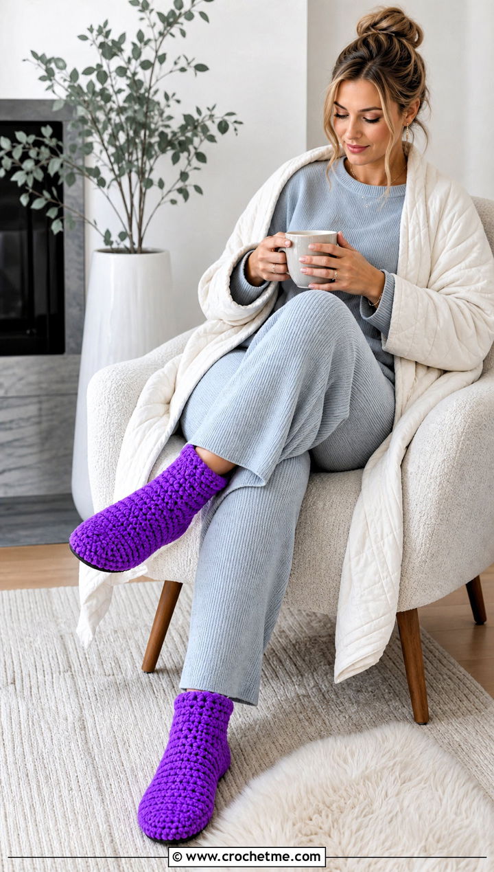 Chunky Slipper Crochet Winter Socks With Knit Lounge Set - 30 crochet winter socks outfit ideas