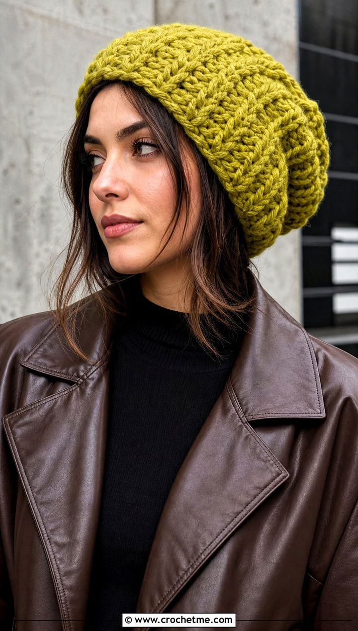 Chunky Slouch Crochet Beanie With Leather Jacket - 30 slouch crochet beanie outfit ideas