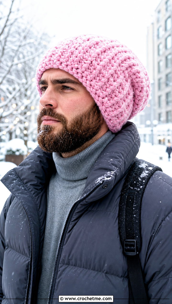 Chunky Slouch Crochet Beanie With Puffer Jacket - 20 Mens Slouch Crochet Beanie outfit ideas