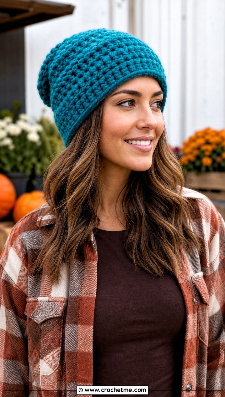 Chunky Slouch Crochet Hat With Shacket - 30 slouch crochet hat outfit ideas