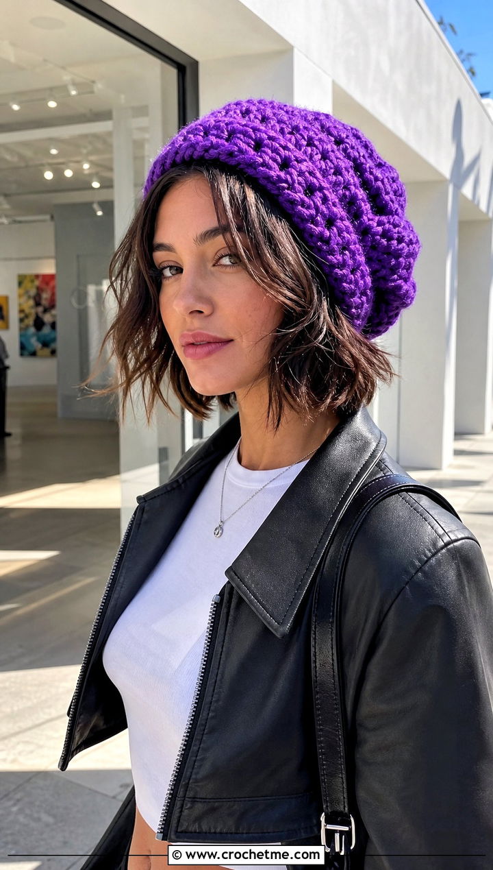 Chunky Slouchy Crochet Beanie With Leather Jacket - 25 Easy Chunky Crochet Hat outfit ideas