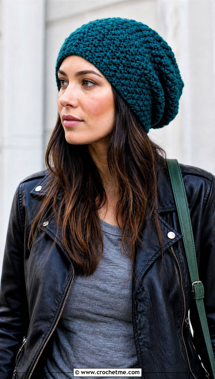 Chunky Slouchy Crochet Beanie With Leather Jacket - 25 Chunky Yarn Crochet Hats outfit ideas
