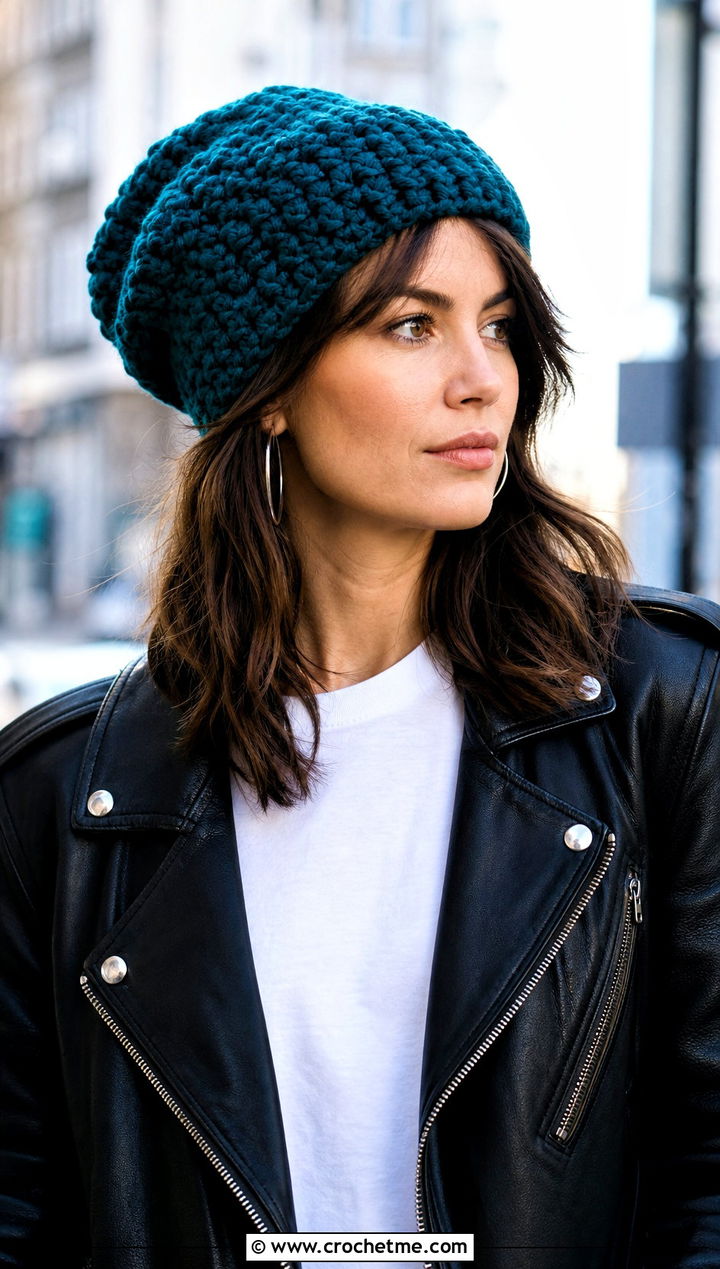 Chunky Slouchy Crochet Beanie With Leather Jacket - 30 chunky yarn crochet hat outfit ideas
