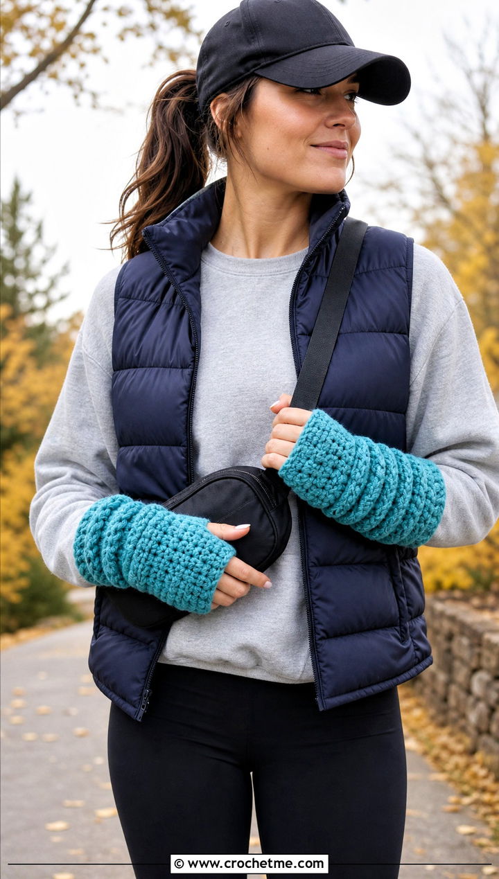 Chunky Slouchy Crochet Fingerless Arm Warmers With Puffer Vest And Leggings - 15 Crochet Fingerless Arm Warmers outfit ideas